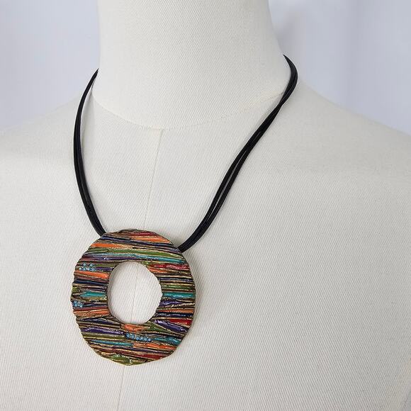 Chicos Multicolor Enamel Circle Corded Pendant Necklace - Picture 4 of 7